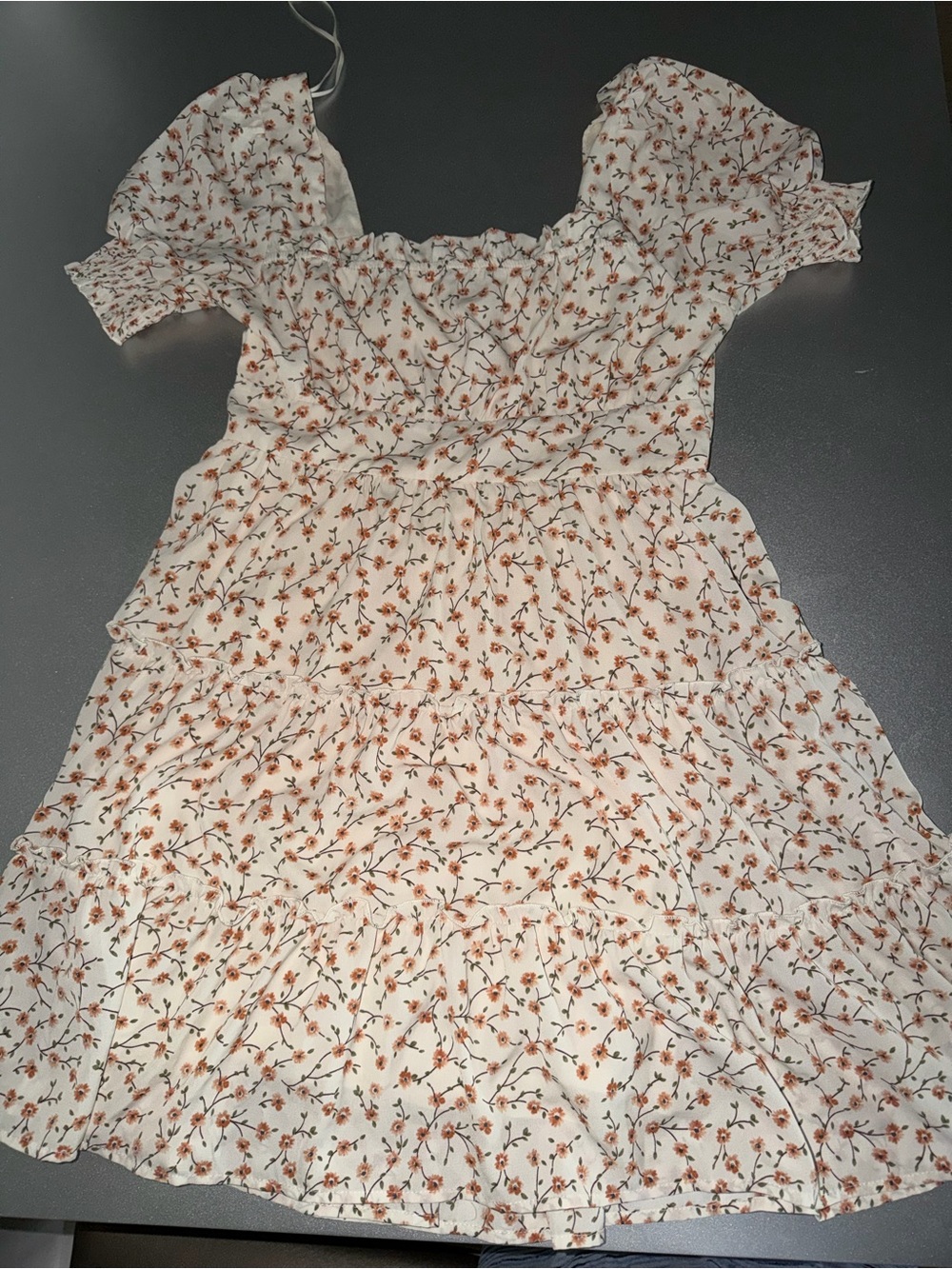 Floral Puff-Sleeve Dress in Cream with Orange Blossoms